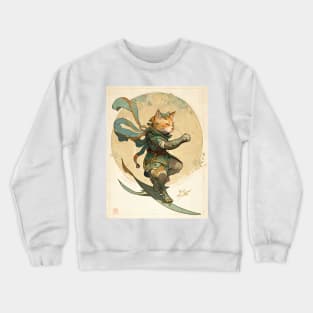 Fantasy Samurai Cat Surfer Art Nouveau Crewneck Sweatshirt